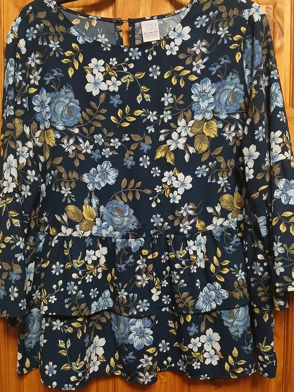 Time and Tru Navy Blue Floral Peplum Blouse with Yellow Accents